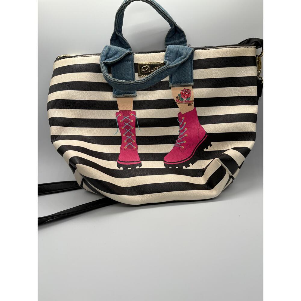 Betsey Johnson Black & White Striped Canvas Tote – Legs Appliqué